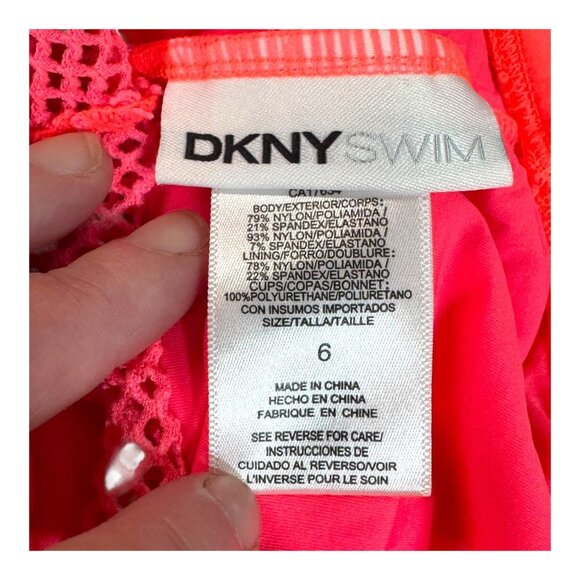 Dkny Mesh Accent Square Neck One Piece Swimsuit In Bright Pink Size 6 See Thru - Picture 3 of 4